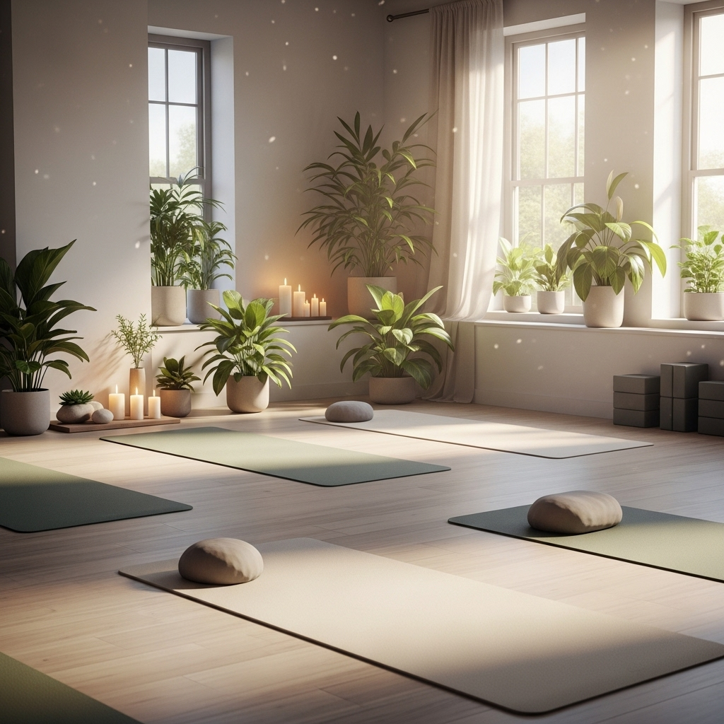 Peaceful yoga studio background with soft natural lighting and plants